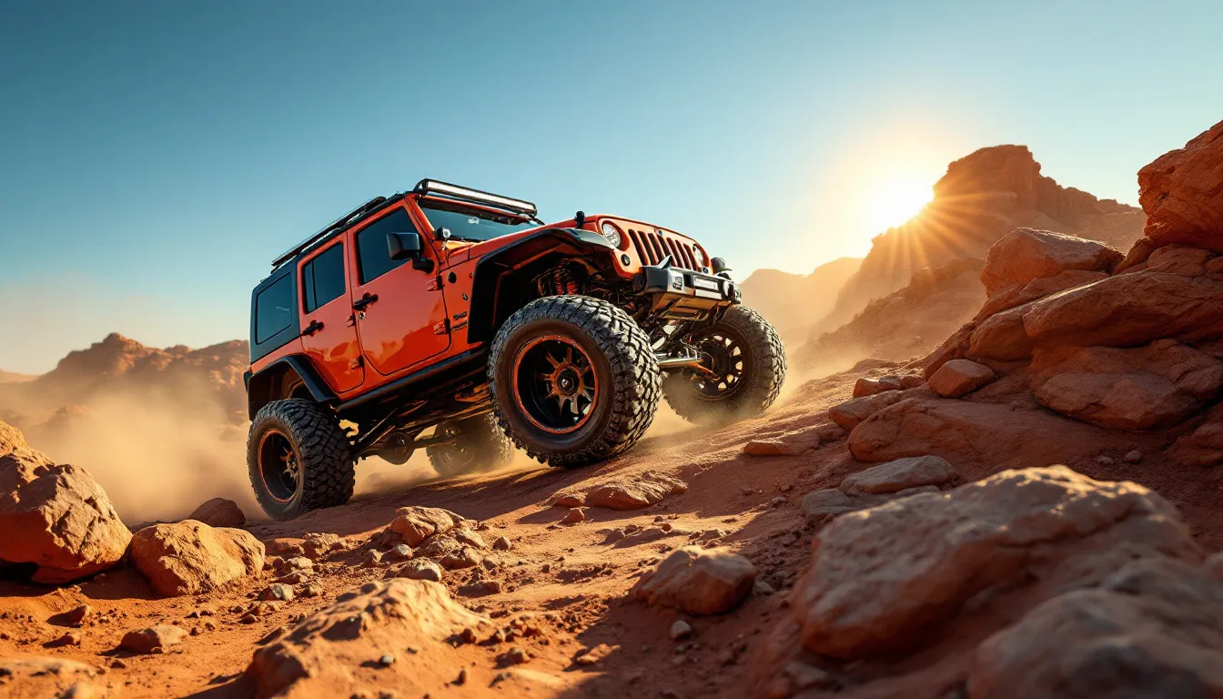 Lifted Jeep Wrangler JK Unlimited with aftermarket control arms visible under the chassis on a rocky desert trail