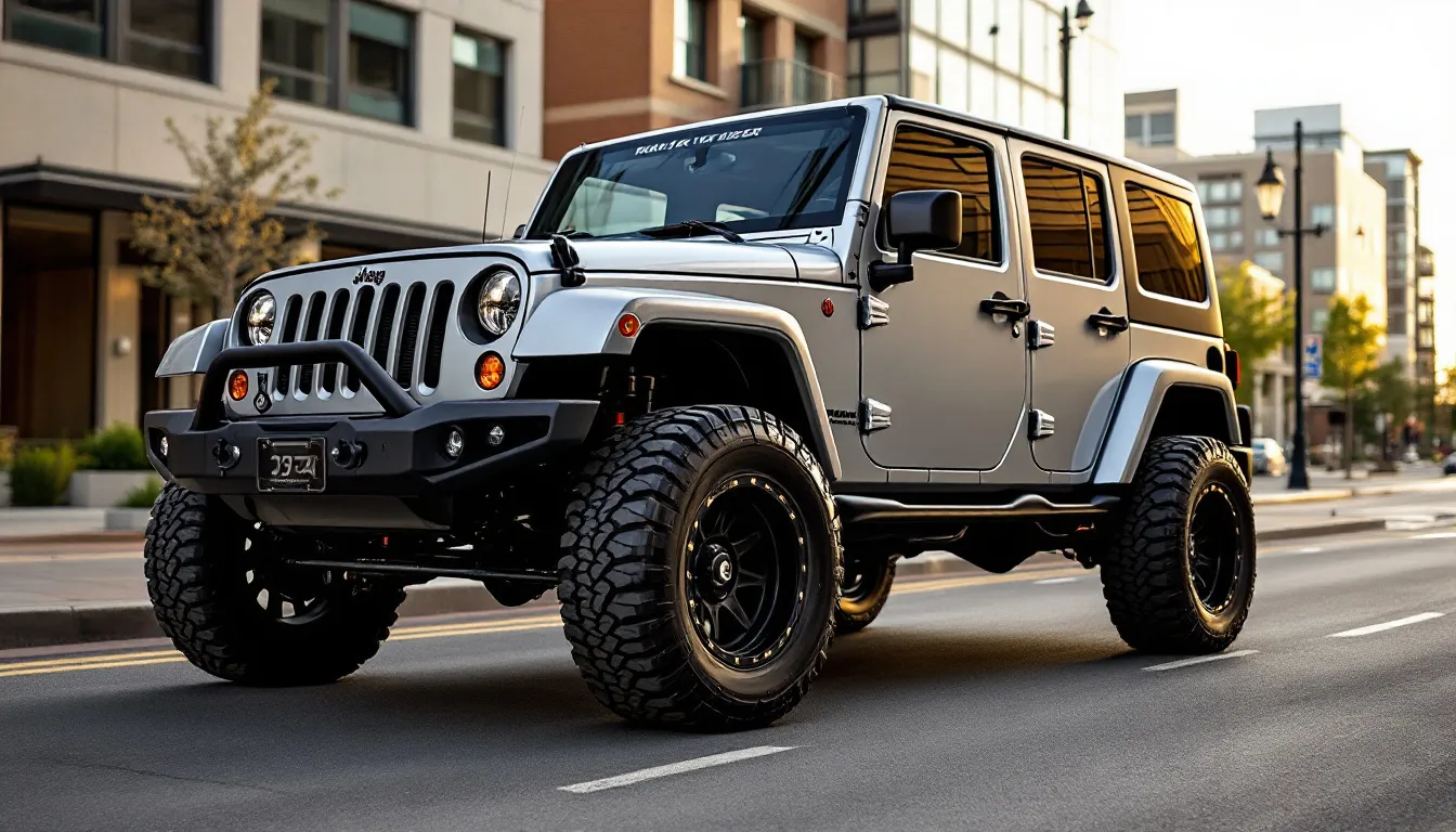Silver Jeep Wrangler JK Unlimited with 2.5 inch lift kit for daily driving on city street showing comfortable ride height