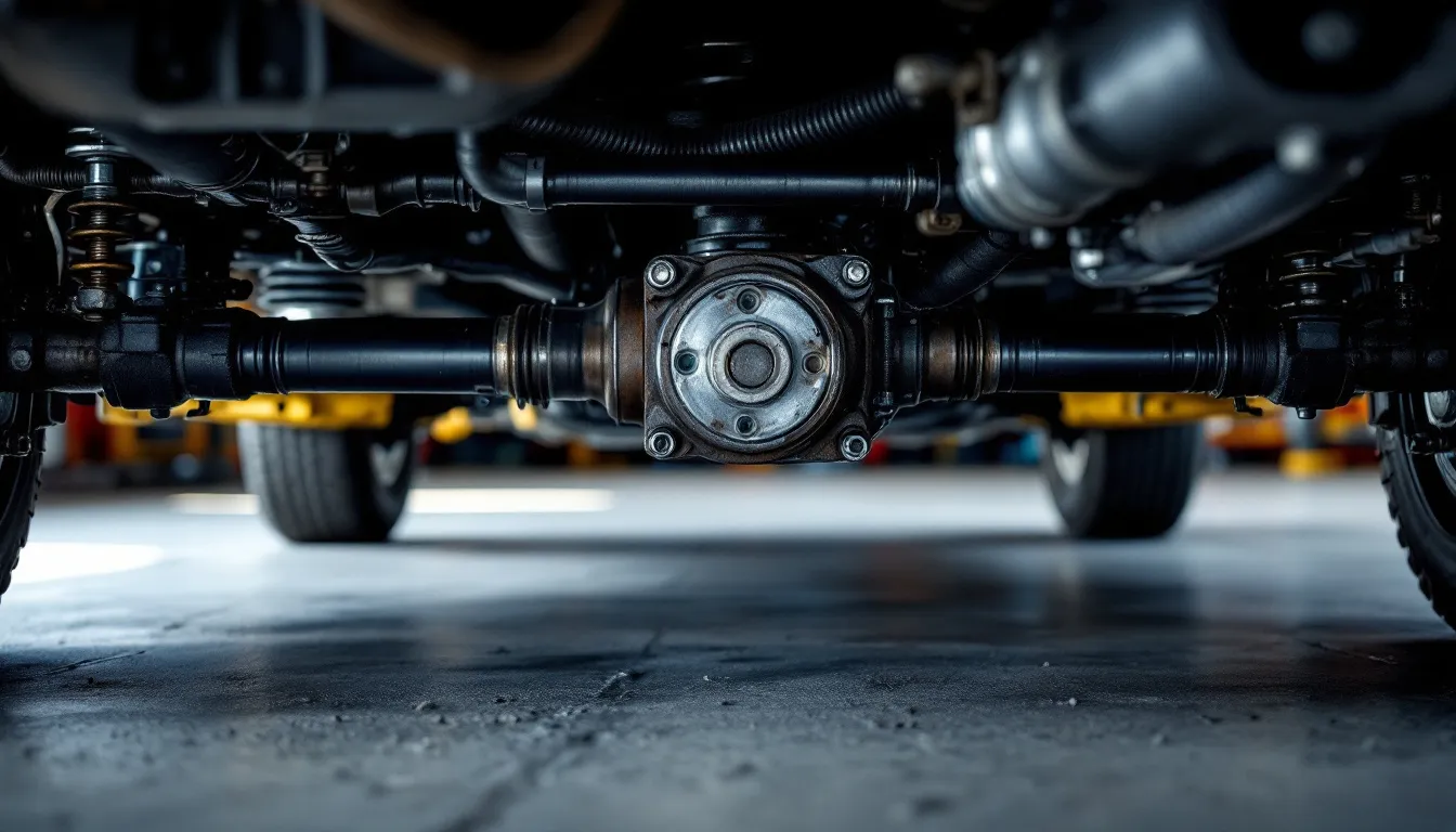 Jeep JK front suspension undercarriage showing track bar, axle, and steering linkage — key components in diagnosing Jeep death wobble