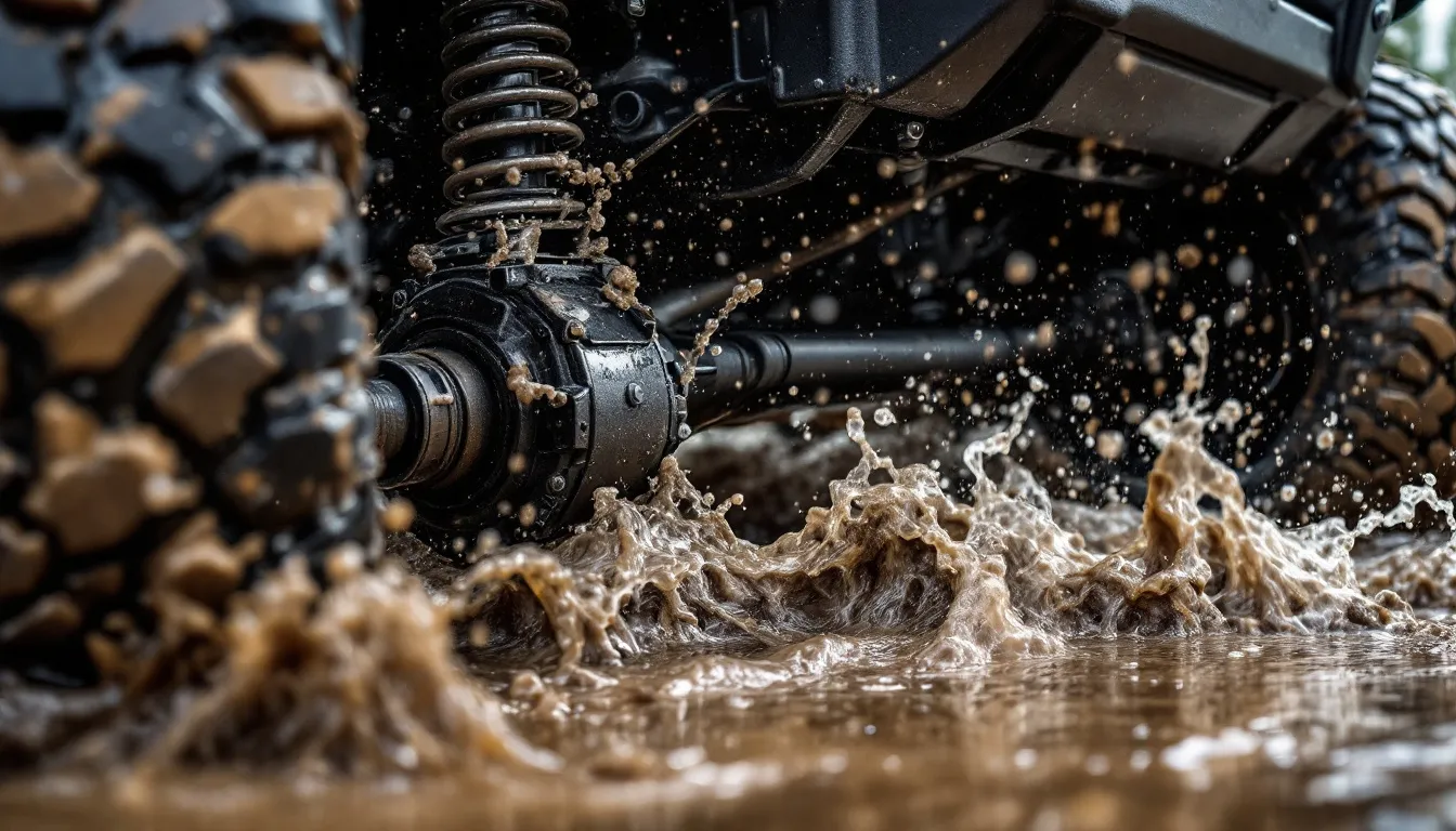 Jeep JK Wrangler differential with extended breather line crossing through water at axle height showing water fording protection