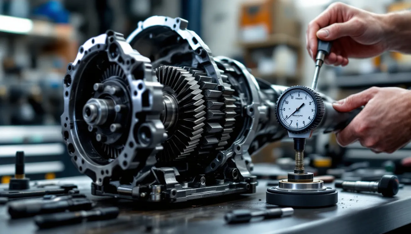 Jeep JK differential housing opened on workbench showing ring and pinion gears with dial indicator and regearing setup tools in professional garage