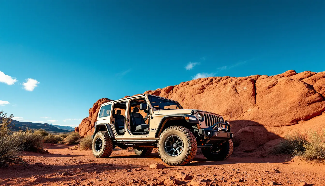 Jeep Wrangler JK with doors removed parked on a red dirt trail, doors stored against a rock wall during off-road season