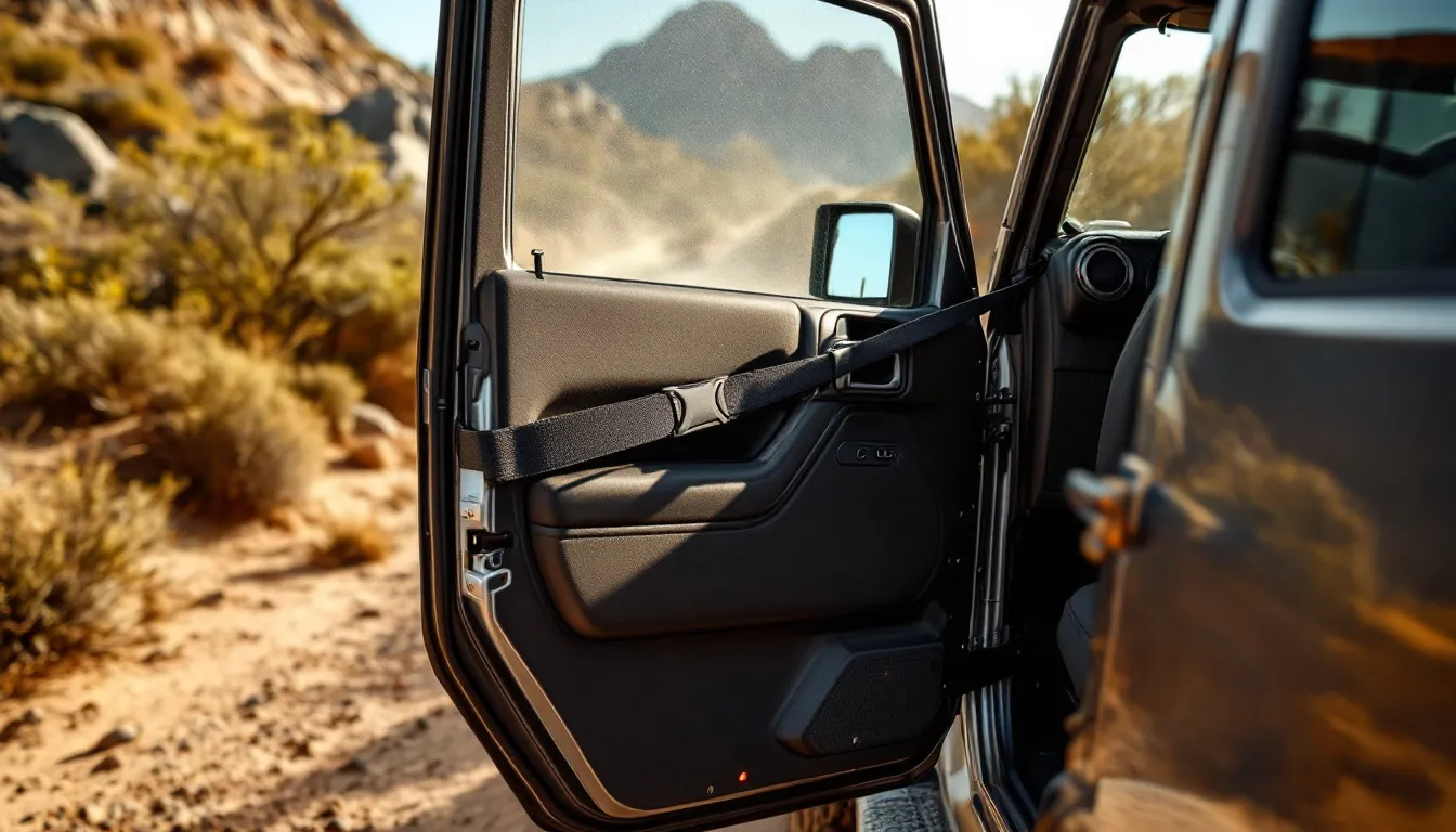 Jeep Wrangler JK door retention strap pulled taut between open door and A-pillar on a dusty dirt trail