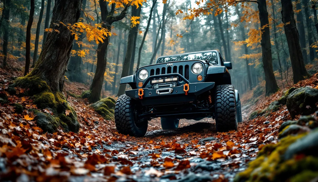 2007-2018 Jeep Wrangler JK with mud-terrain tires and steel bumper on a leaf-covered autumn forest trail, low front-three-quarter angle