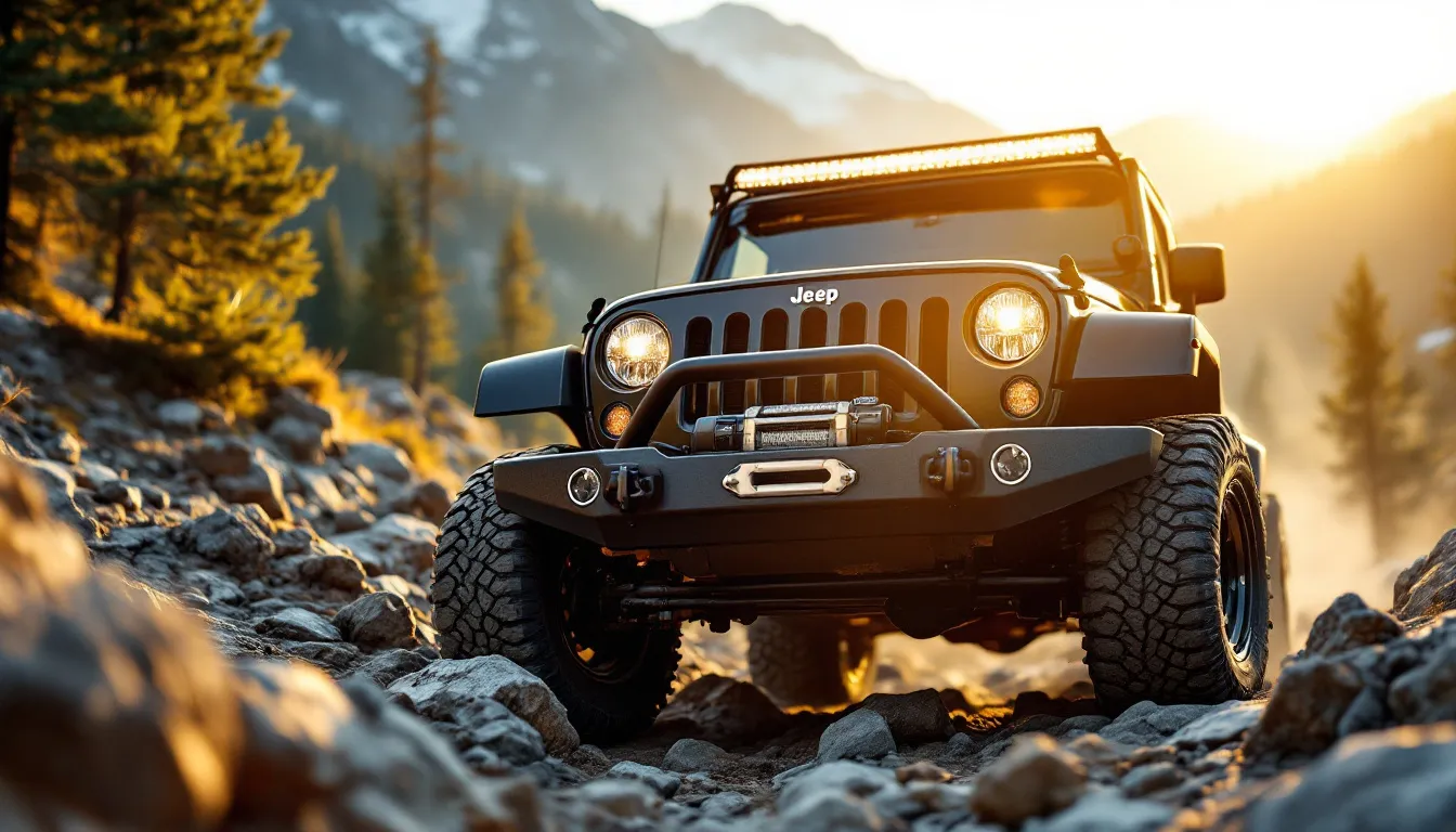 2014 Jeep Wrangler JK Unlimited with heavy-duty steel front bumper and winch mount on a rocky trail at golden hour