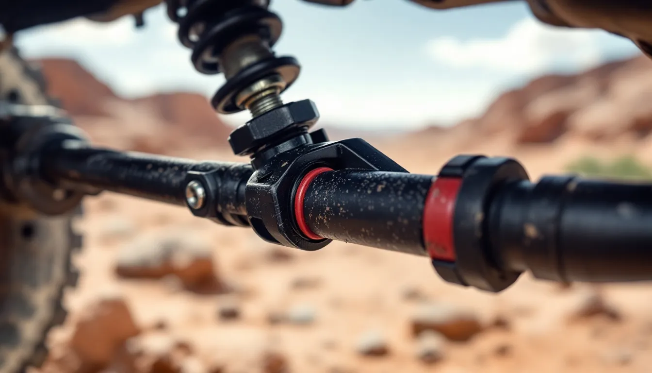 Jeep JK Wrangler front suspension showing sway bar and quick-disconnect link mechanism from wheel well angle with off-road terrain