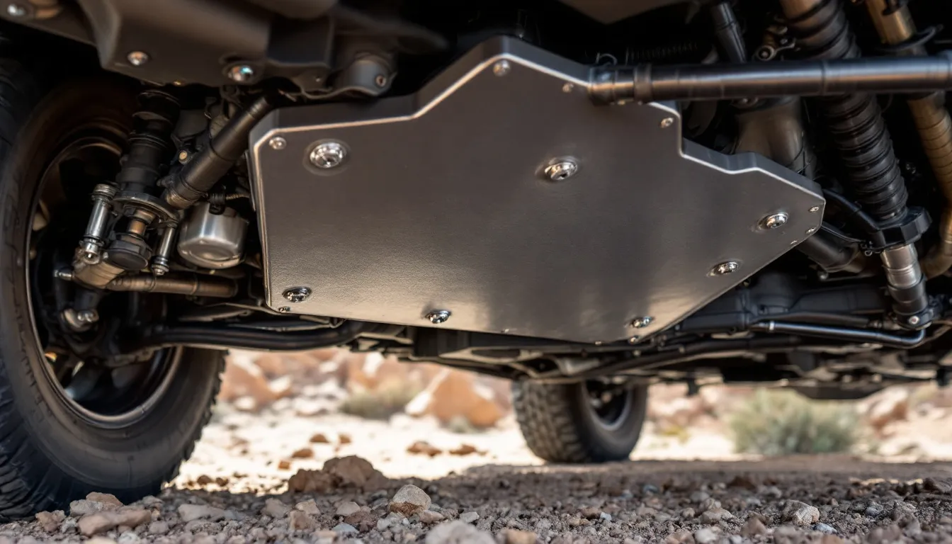 Heavy-duty steel gas tank skid plate installed on Jeep JK Wrangler frame rails protecting fuel system from rocks