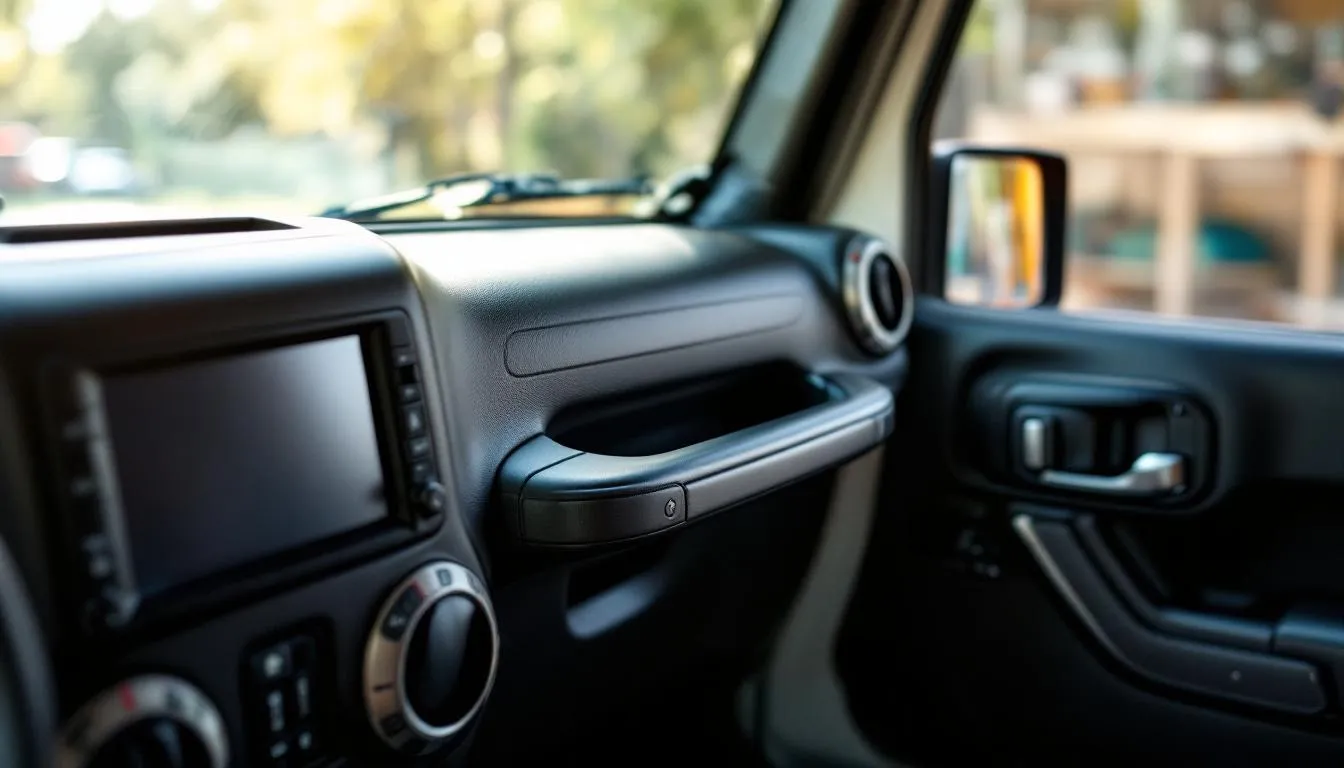 Jeep JK interior with multiple aftermarket grab handles mounted on A-pillar and roll bar