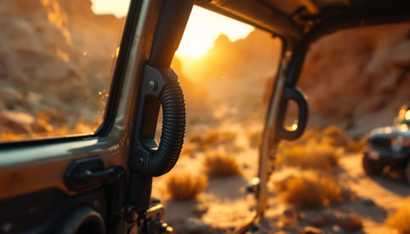 Steel aftermarket grab handles mounted to Jeep JK Wrangler roll cage bars with rugged off-road terrain visible through open doors at golden hour