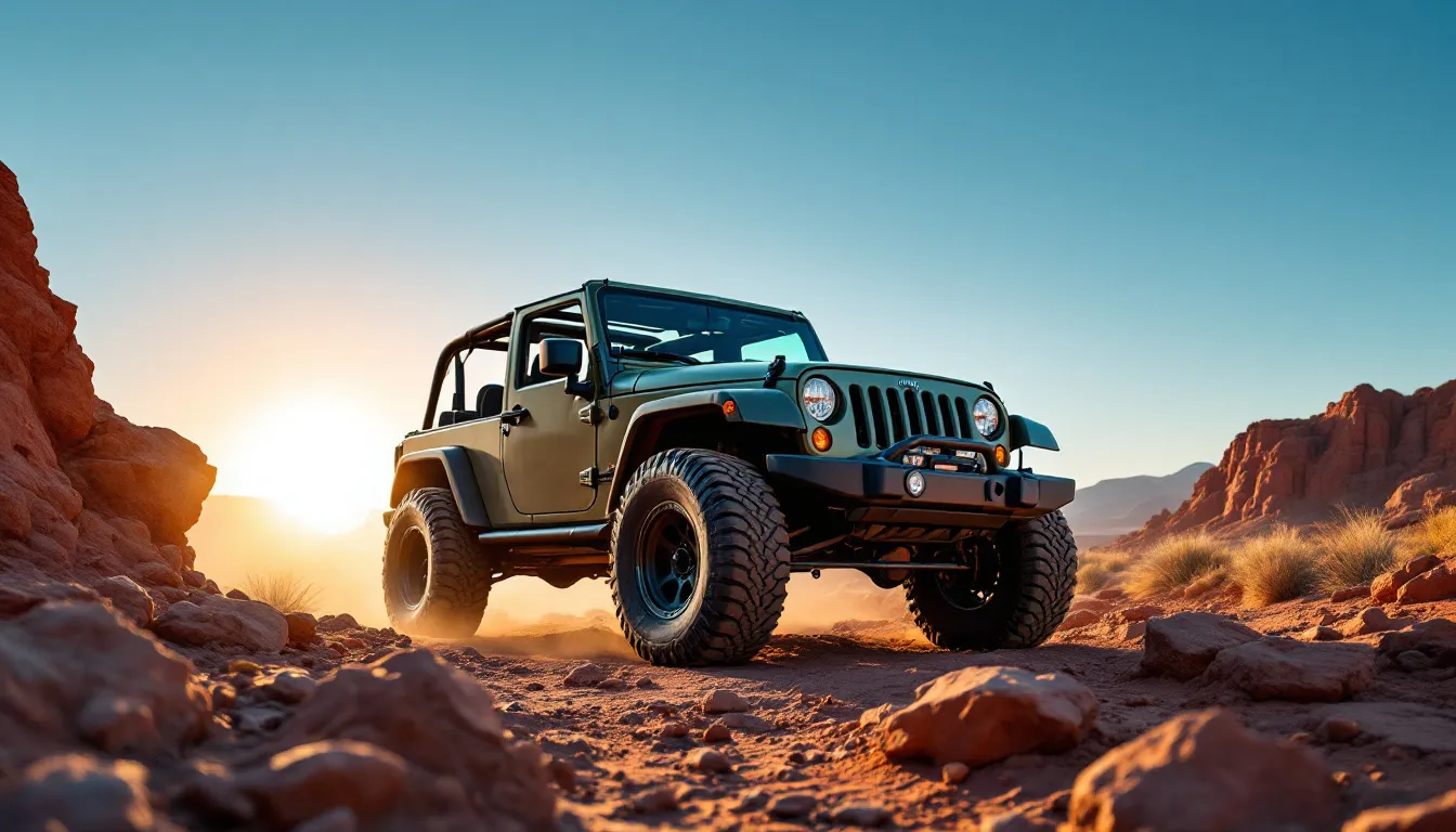 2007-2018 Jeep JK Wrangler with tubular steel half doors on a rocky desert trail in summer golden-hour light