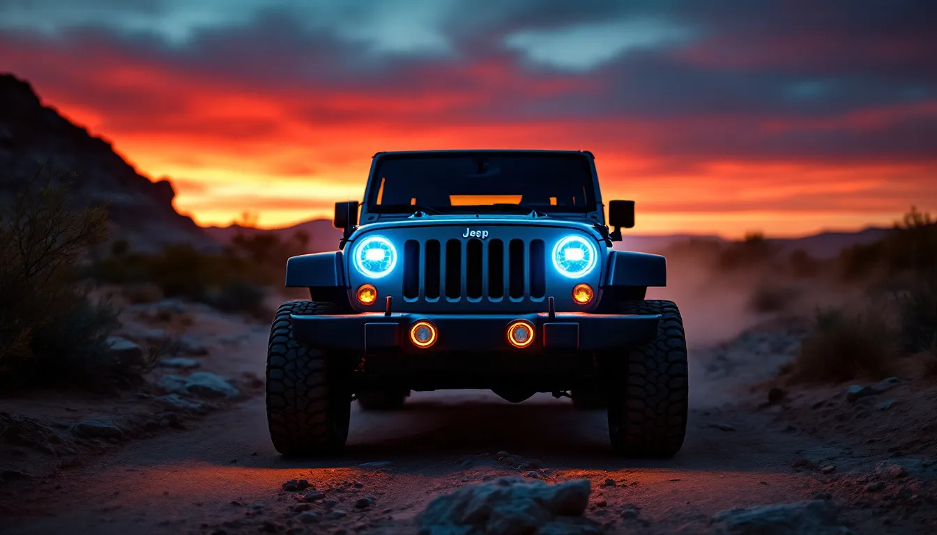 2007-2018 Jeep Wrangler JK on a dirt trail at dusk with 7-inch halo LED headlights glowing, showing completed halo headlight installation