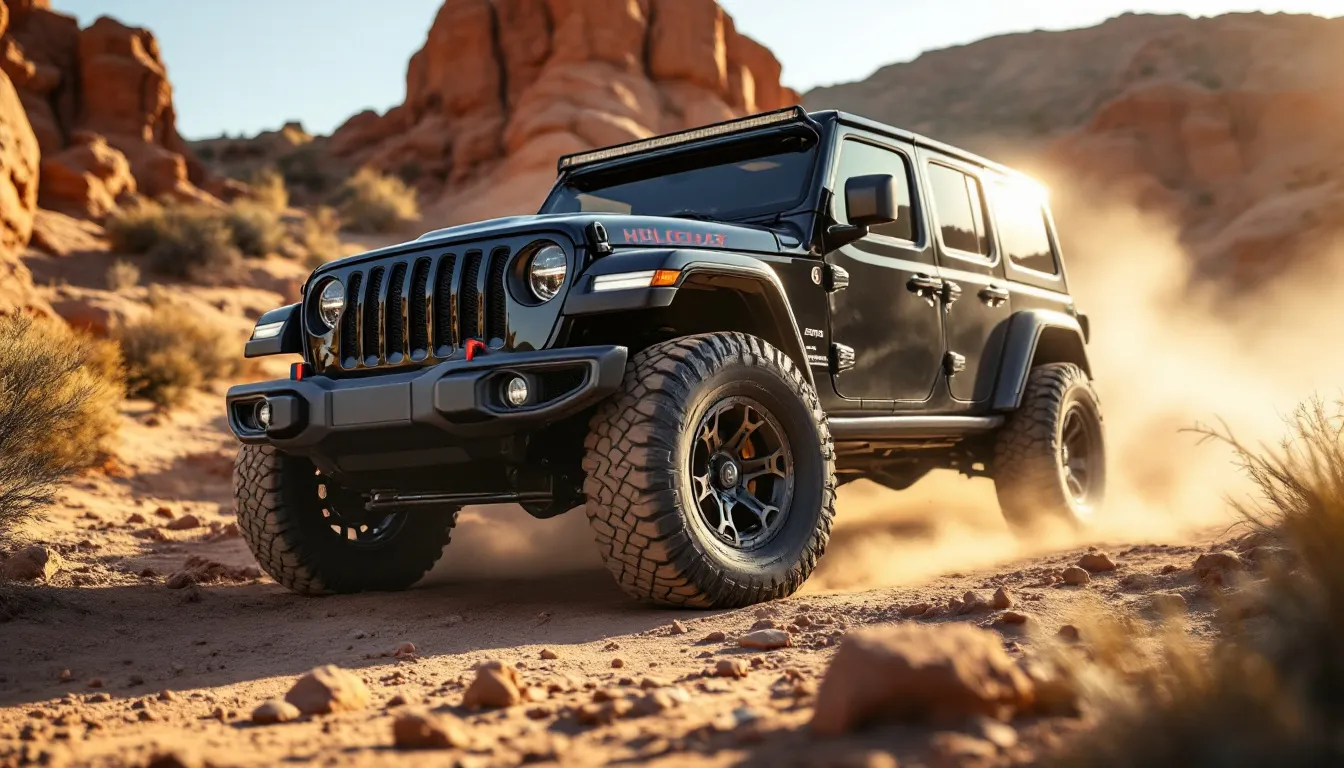 Black Jeep JK Wrangler with hi-lift jack mounted on hood hinge on rocky trail showing secure mounting position for off-road recovery