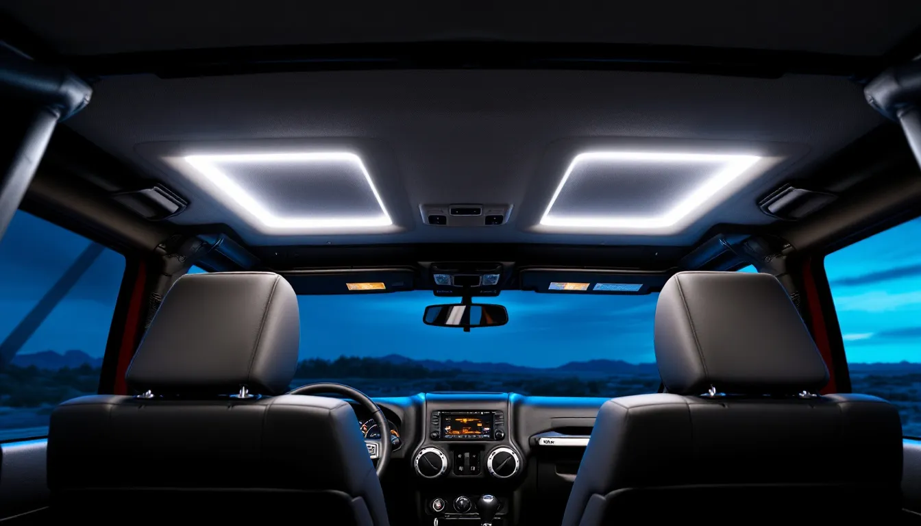 Interior LED lights illuminated inside a 2014 Jeep Wrangler JKU showing bright white dome lighting and footwell glow at dusk