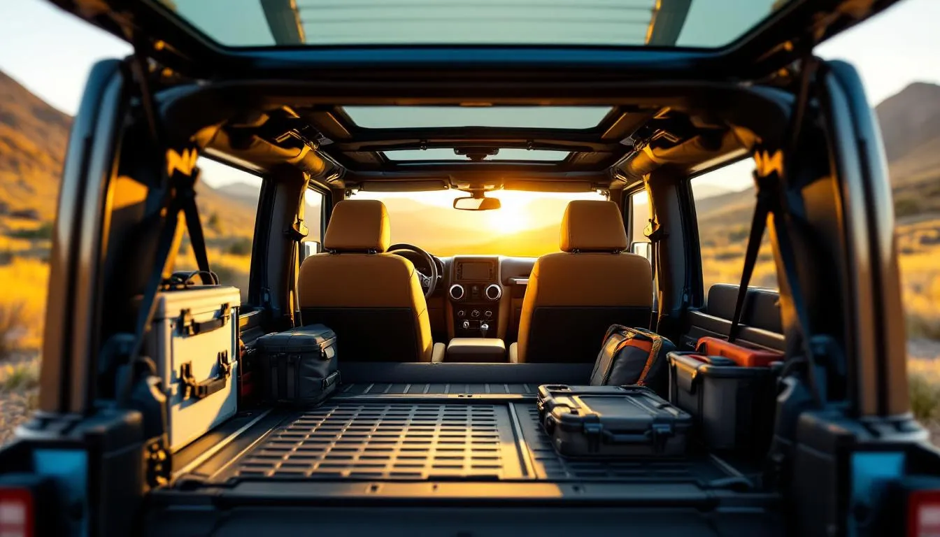 Interior view of Jeep Wrangler JK showing upgraded cargo liner, protective seat covers, and organized storage solutions with natural lighting