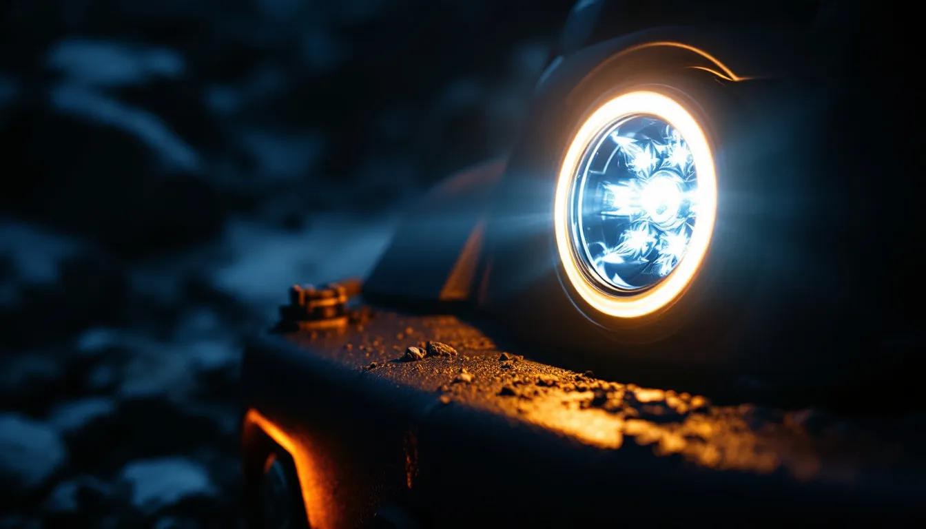 Round 4-inch LED fog light with amber halo ring installed on a Jeep Wrangler JK front bumper on a dark rocky trail