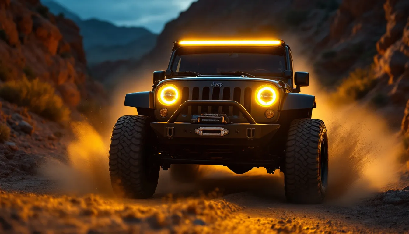 Jeep Wrangler JK with upgraded LED fog lights blazing on a dusty off-road trail at dusk, illuminating rocky canyon terrain