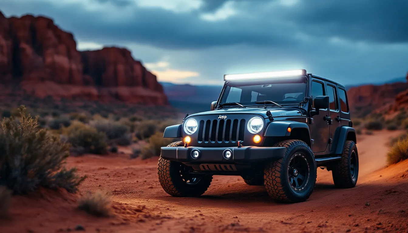 Jeep JK Unlimited with a 50-inch LED light bar mounted on the roof rail glowing bright white on a desert trail at dusk