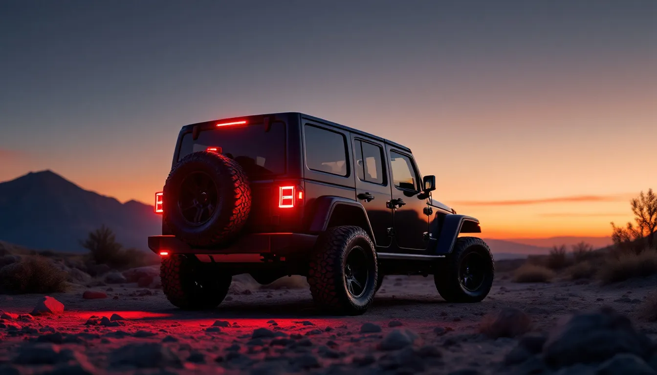 Black Jeep JK Wrangler with bright LED tail lights illuminated at dusk on desert trail showing upgraded brake and turn signal lighting
