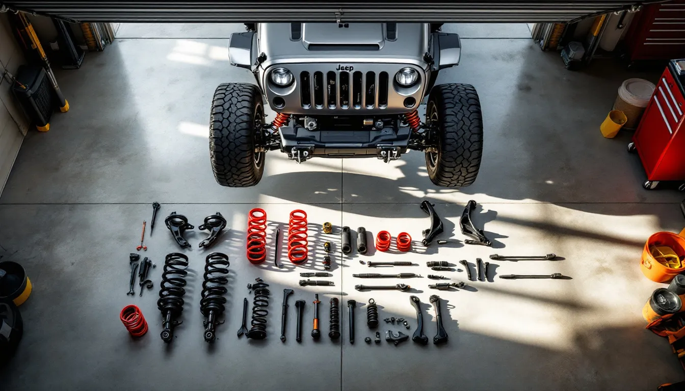 Lifted Jeep JK Wrangler on jack stands in garage with suspension lift kit components laid out for installation