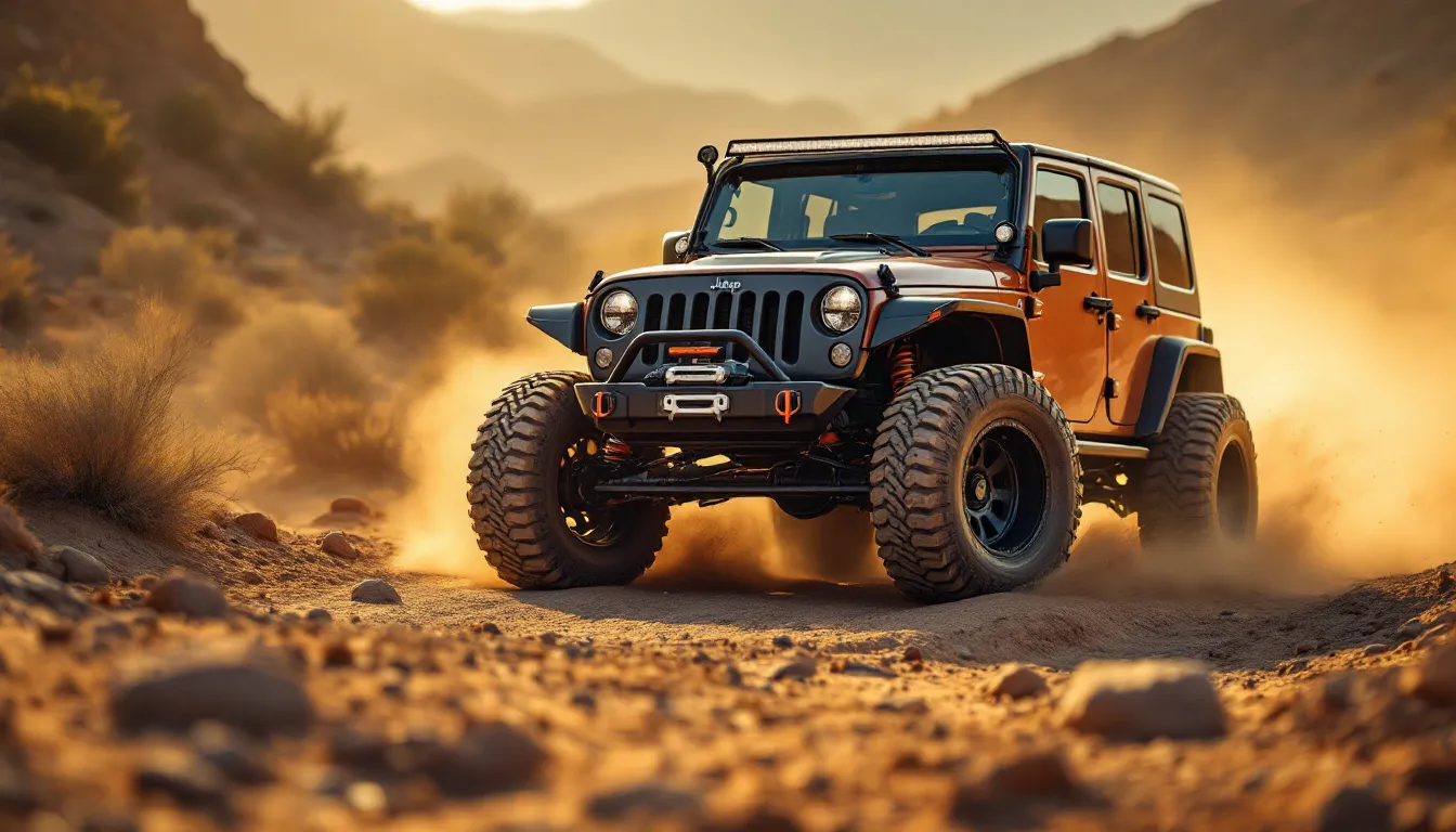 2007-2018 Jeep JK Wrangler 4-door with lift kit and oversized mud terrain tires on a dirt trail showing tire clearance and suspension lift