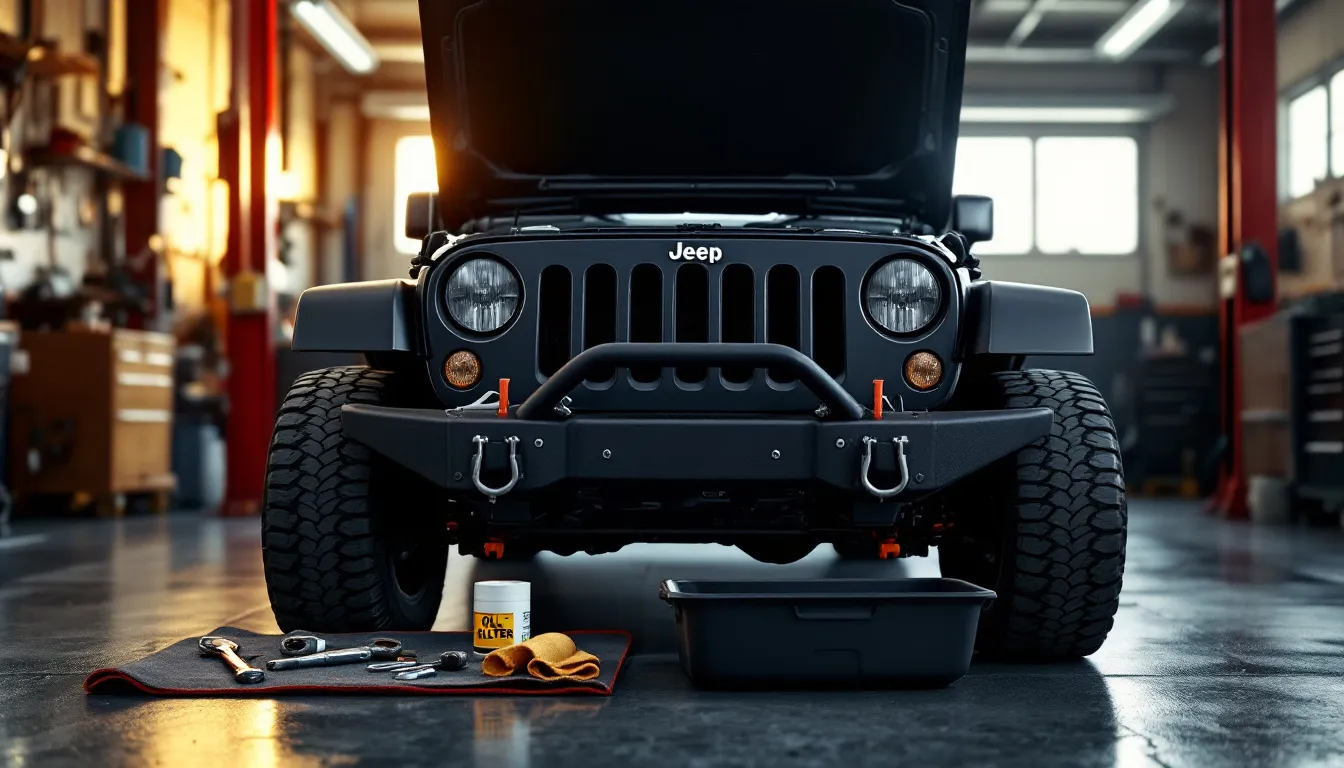 2014 Jeep Wrangler JKU on a dirt trail with hood open and mechanic tools displayed on a fender tray during a DIY maintenance check