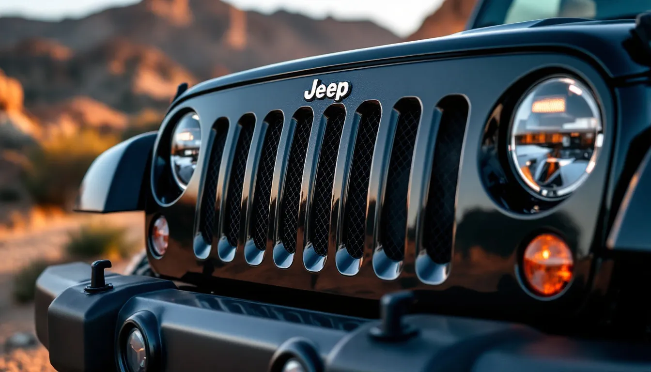 Close-up of Jeep JK Wrangler front grille with mesh grille insert in outdoor setting