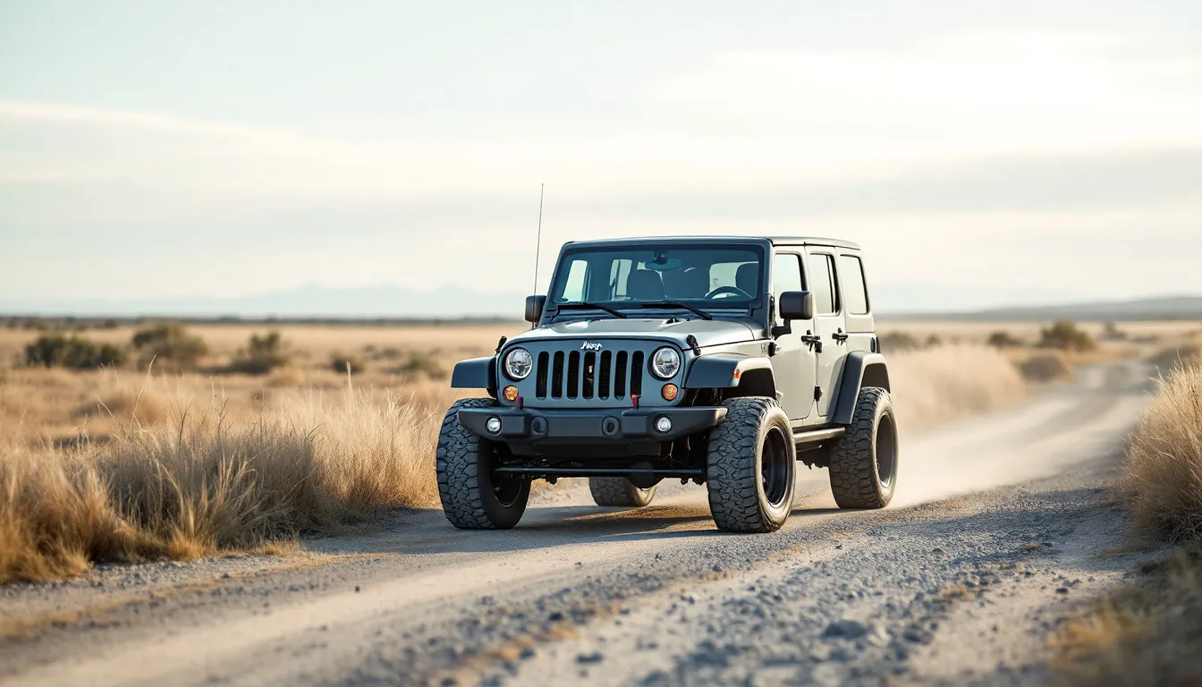 2007-2018 Jeep Wrangler JK with a 2-inch Mopar lift kit on a gravel dirt trail, front three-quarter view in natural daylight