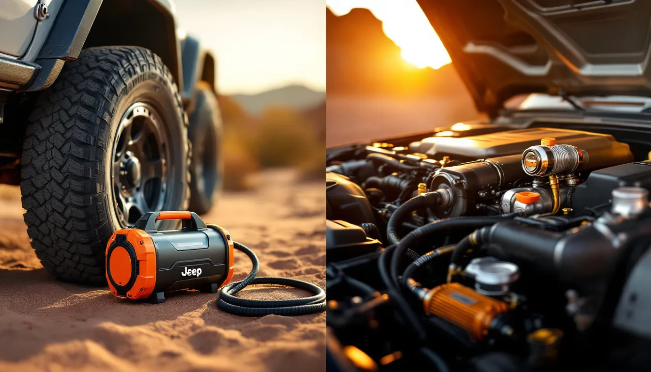 Split comparison of portable air compressor next to Jeep JK tire on trail versus onboard air system installed in JK engine bay