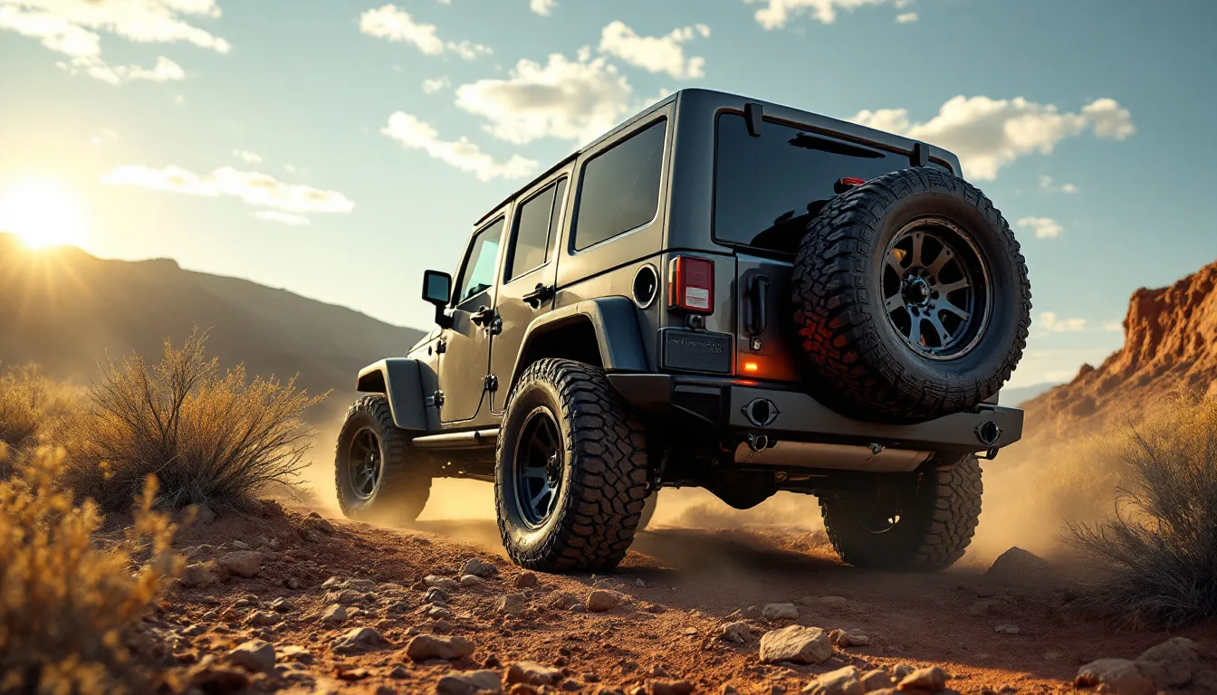 2007-2018 Jeep Wrangler JKU with heavy-duty black steel rear bumper and swing-arm spare tire carrier on a rocky off-road trail
