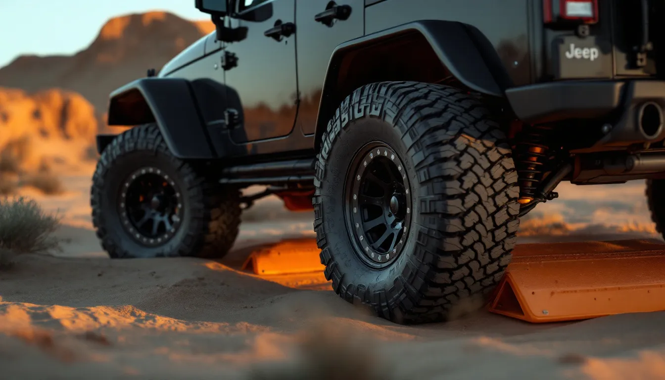 Jeep JK Wrangler with orange recovery boards under rear tire in desert sand demonstrating off-road recovery equipment