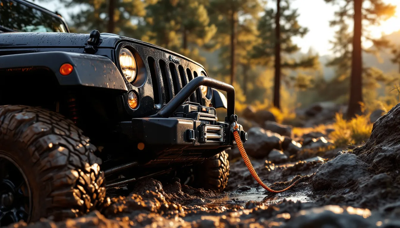Jeep JK Wrangler using front-mounted recovery winch with synthetic rope during off-road trail recovery