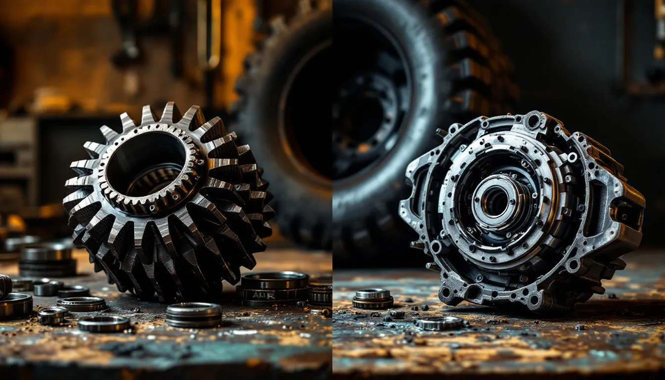 Split image comparing a Jeep JK ring and pinion gear set on a workbench next to a Dana 44 axle housing versus an ARB air locker installed in an open differential, with a 35-inch all-terrain tire in the background