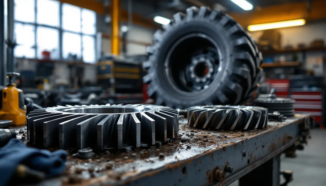 Ring and pinion gear set for Jeep JK regear to 4.88 ratio on workshop bench with 35-inch all-terrain tire in background