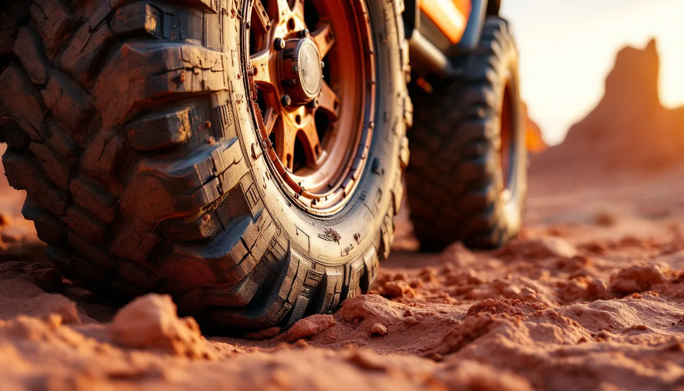 Close-up of aggressive rock crawling tire gripping red rock surface showing tread pattern and sidewall flex on Jeep JK Wrangler