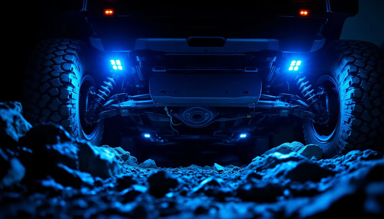Jeep Wrangler JK undercarriage lit up by blue-white LED rock lights on a dark rocky trail at night