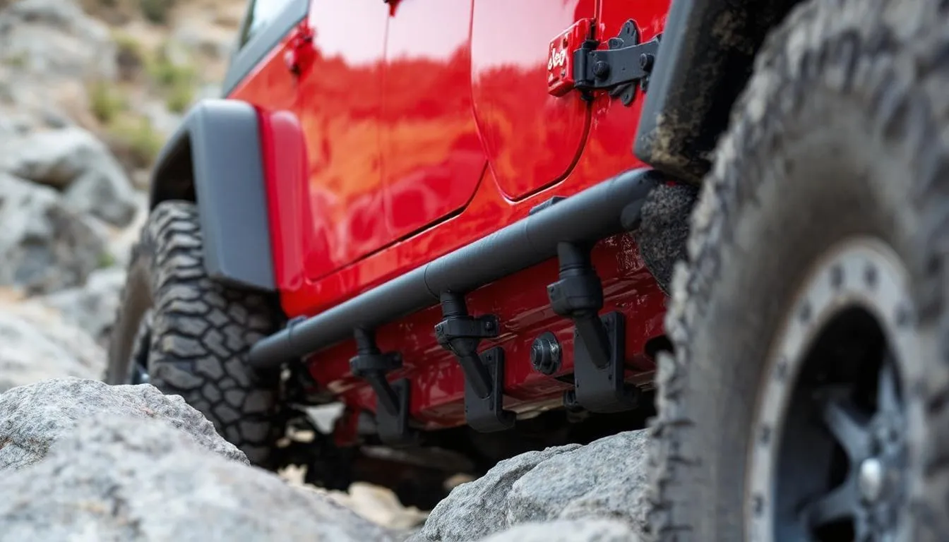 Red Jeep Wrangler JK with black tubular rock sliders on rocky terrain demonstrating rocker panel protection