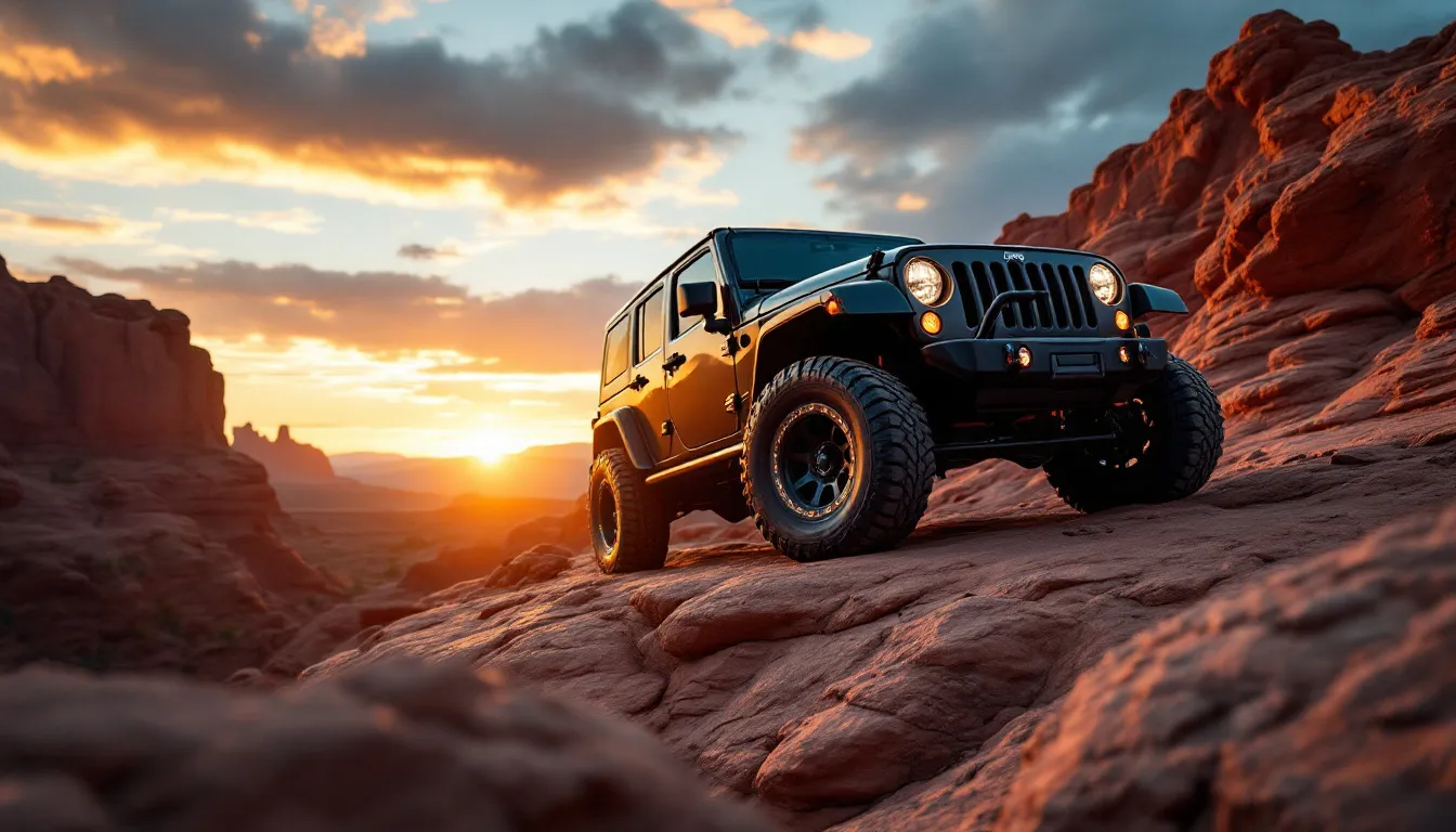 Steel rock sliders on a 2007-2018 Jeep Wrangler JK protecting the rocker panels on a red rock ledge at golden hour