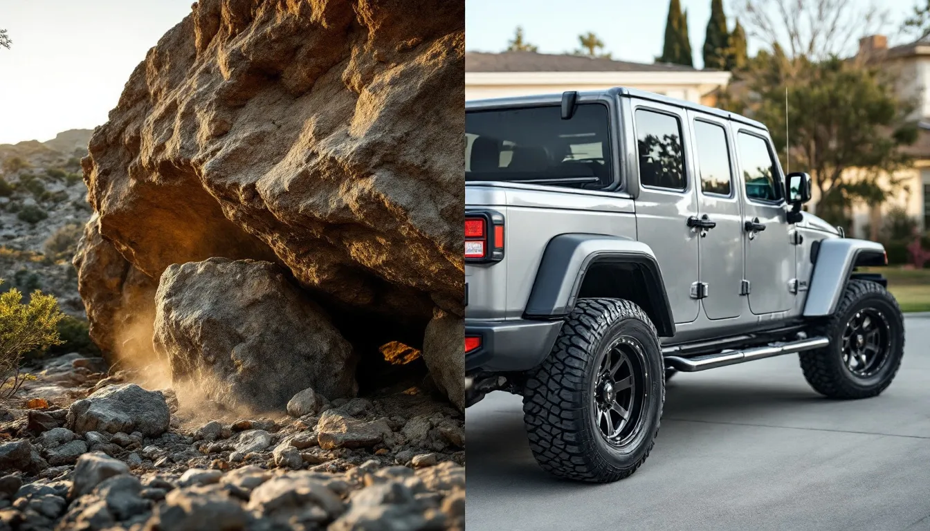 Side-by-side comparison of a Jeep JK rock slider on a boulder-crawling lifted Wrangler versus a polished nerf bar step on a clean JK in a suburban driveway