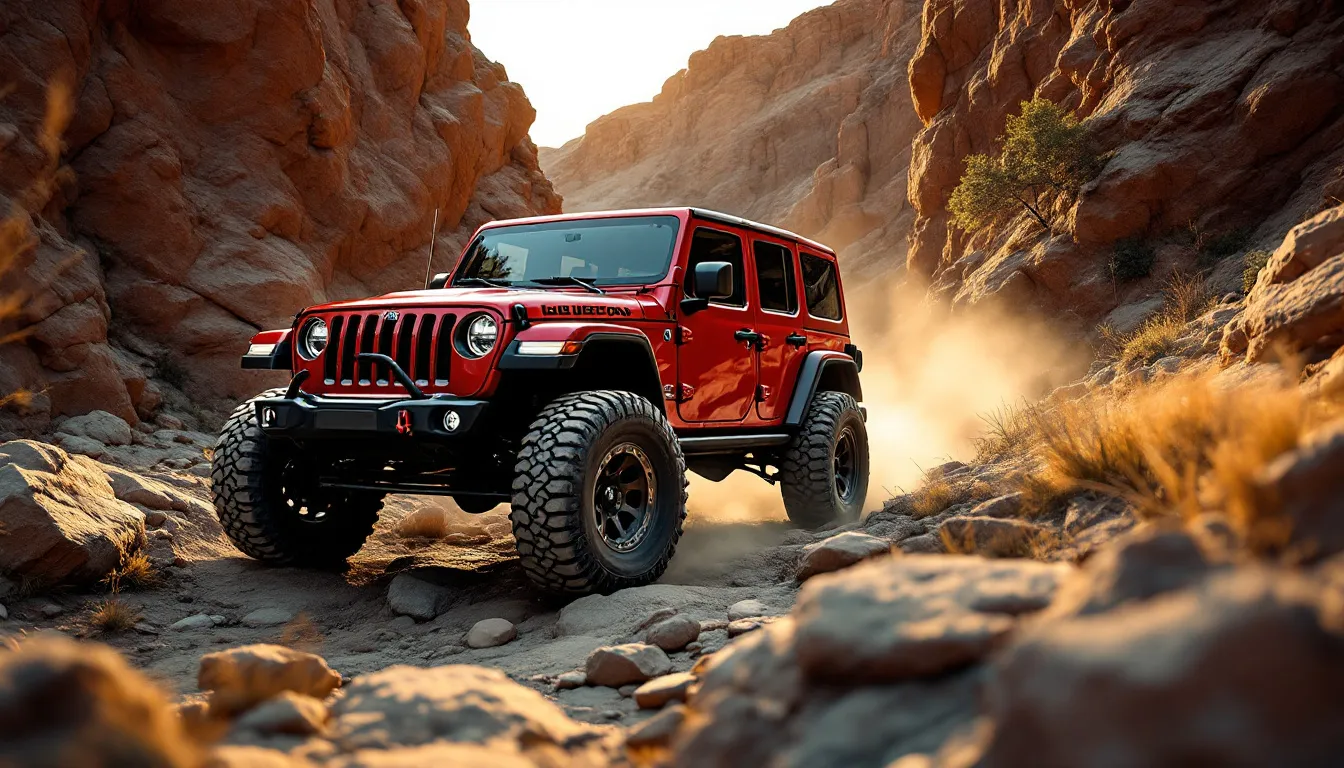 Jeep Wrangler JK Rubicon crawling over rocky terrain with factory lockers engaged and rock rails visible, golden hour lighting