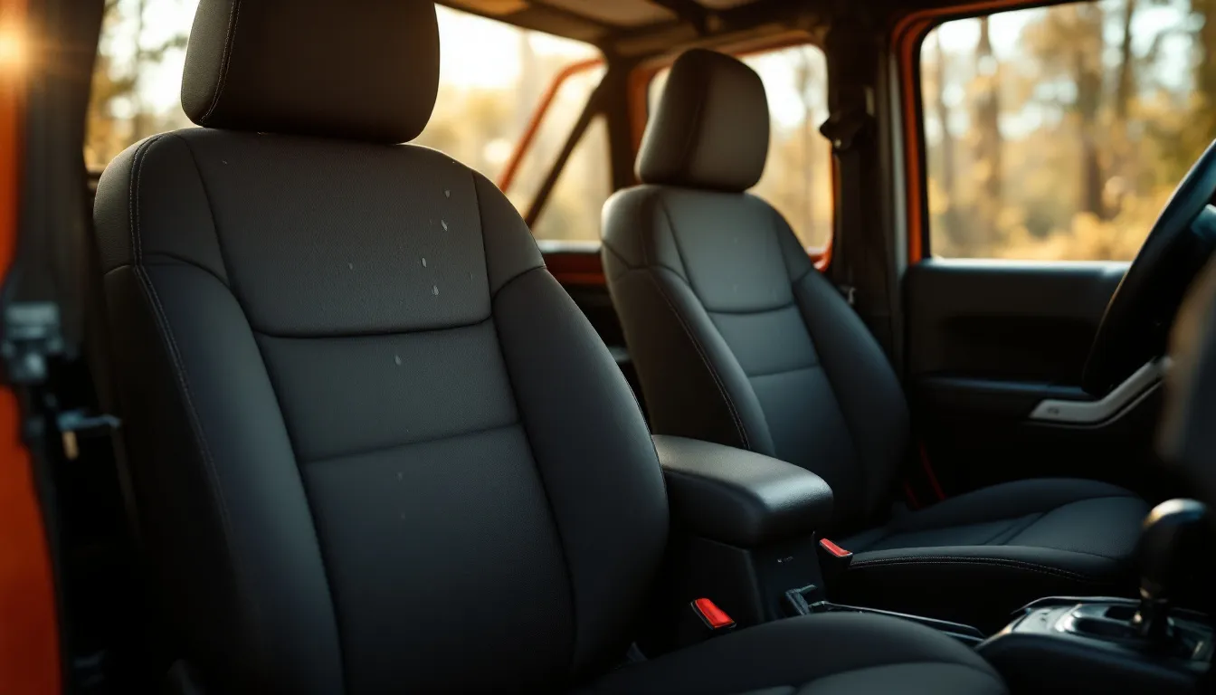 Side-by-side comparison of neoprene and leather seat covers installed in a Jeep JK Wrangler interior showing texture and durability contrast