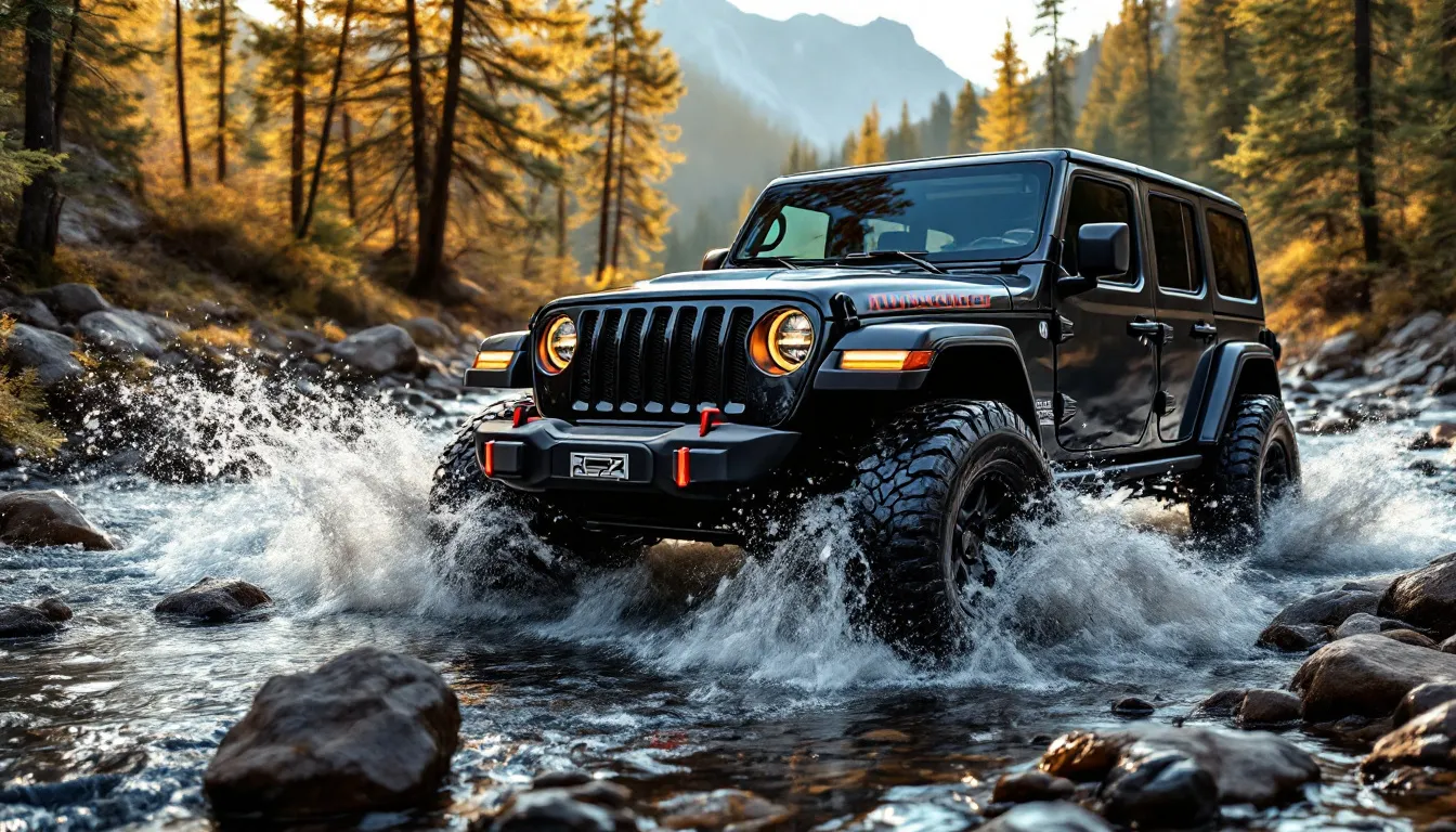 Jeep JK Wrangler with snorkel crossing shallow water on mountain trail showing water fording capability