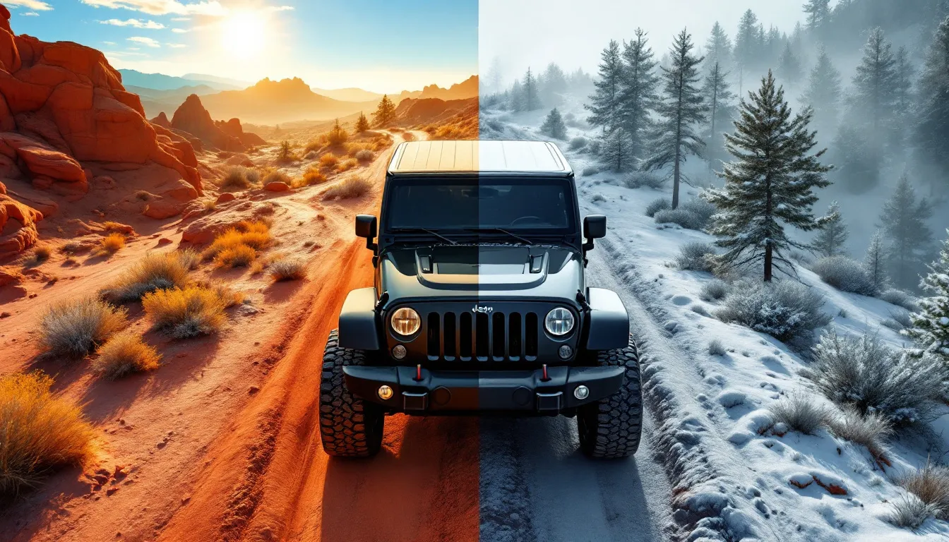Jeep JK Wrangler side-by-side comparison showing soft top in sunny desert trail conditions versus hardtop in snowy winter weather