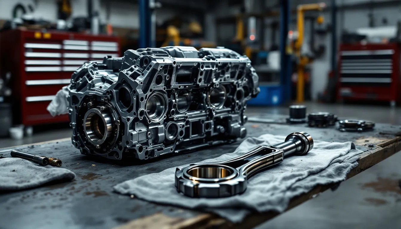 Disassembled Jeep JK engine block with stroker crankshaft and connecting rods laid out on a workshop bench