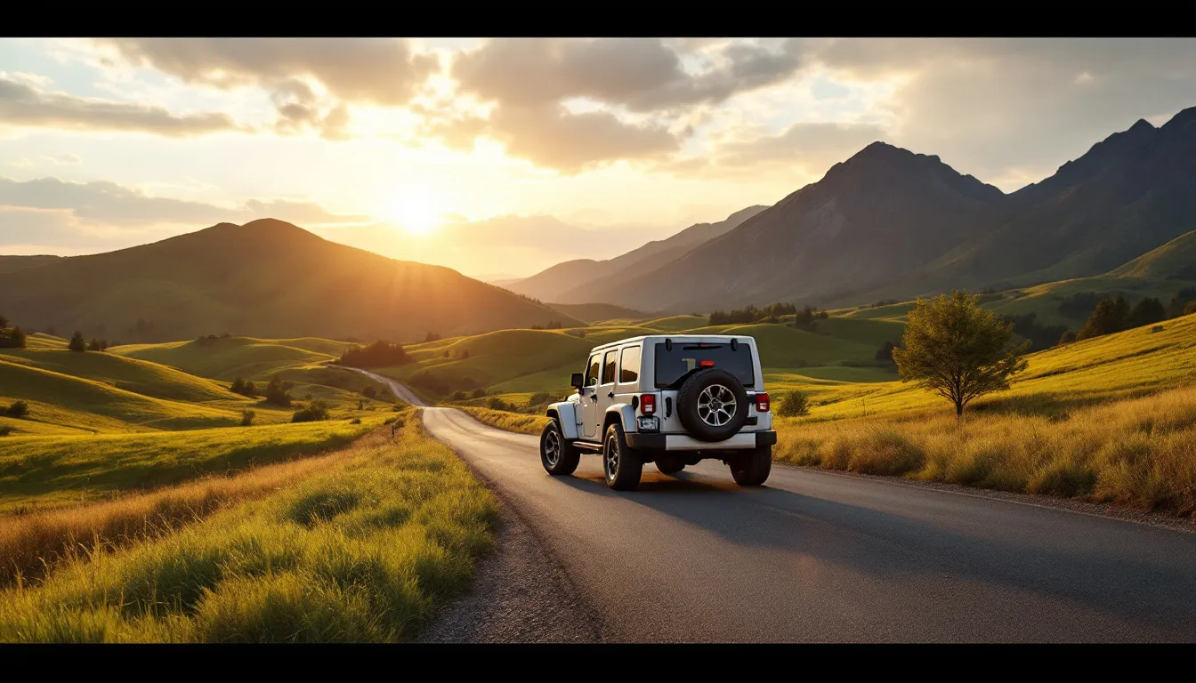 2014-2018 Jeep Wrangler JKU towing a small utility trailer on a rural road at golden hour with mountains in the background
