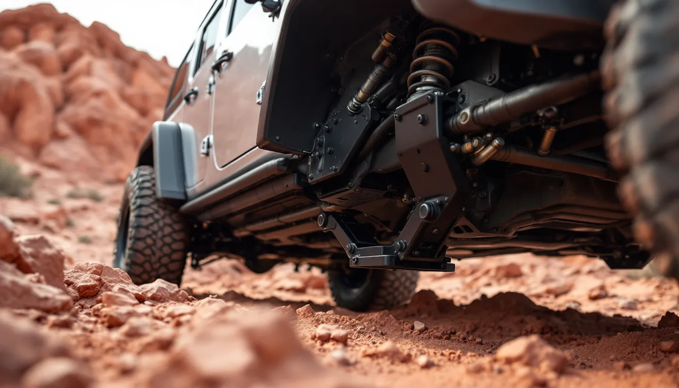 Heavy-duty transfer case skid plate installed on Jeep JK Wrangler undercarriage protecting drivetrain on rocky terrain