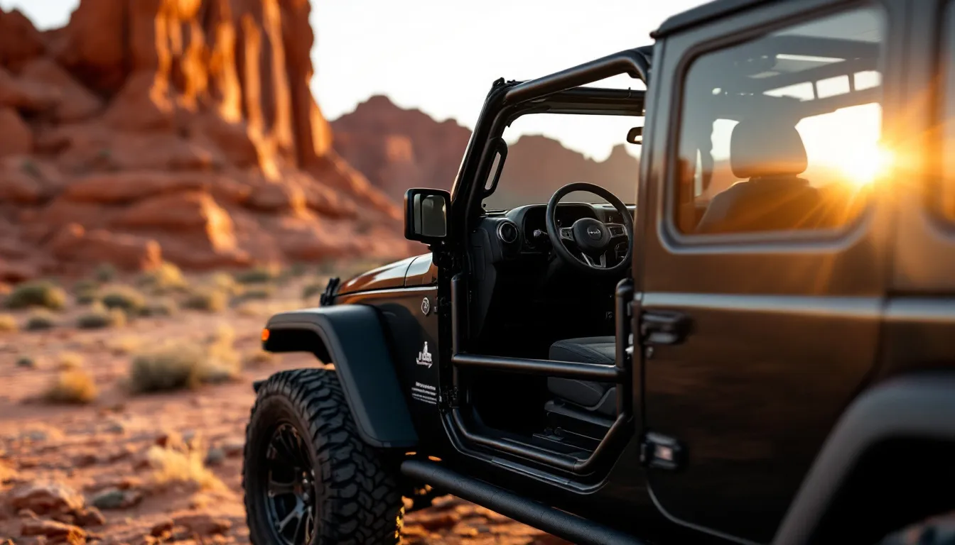 Jeep JK Wrangler with black tube doors installed on desert trail showing open door construction