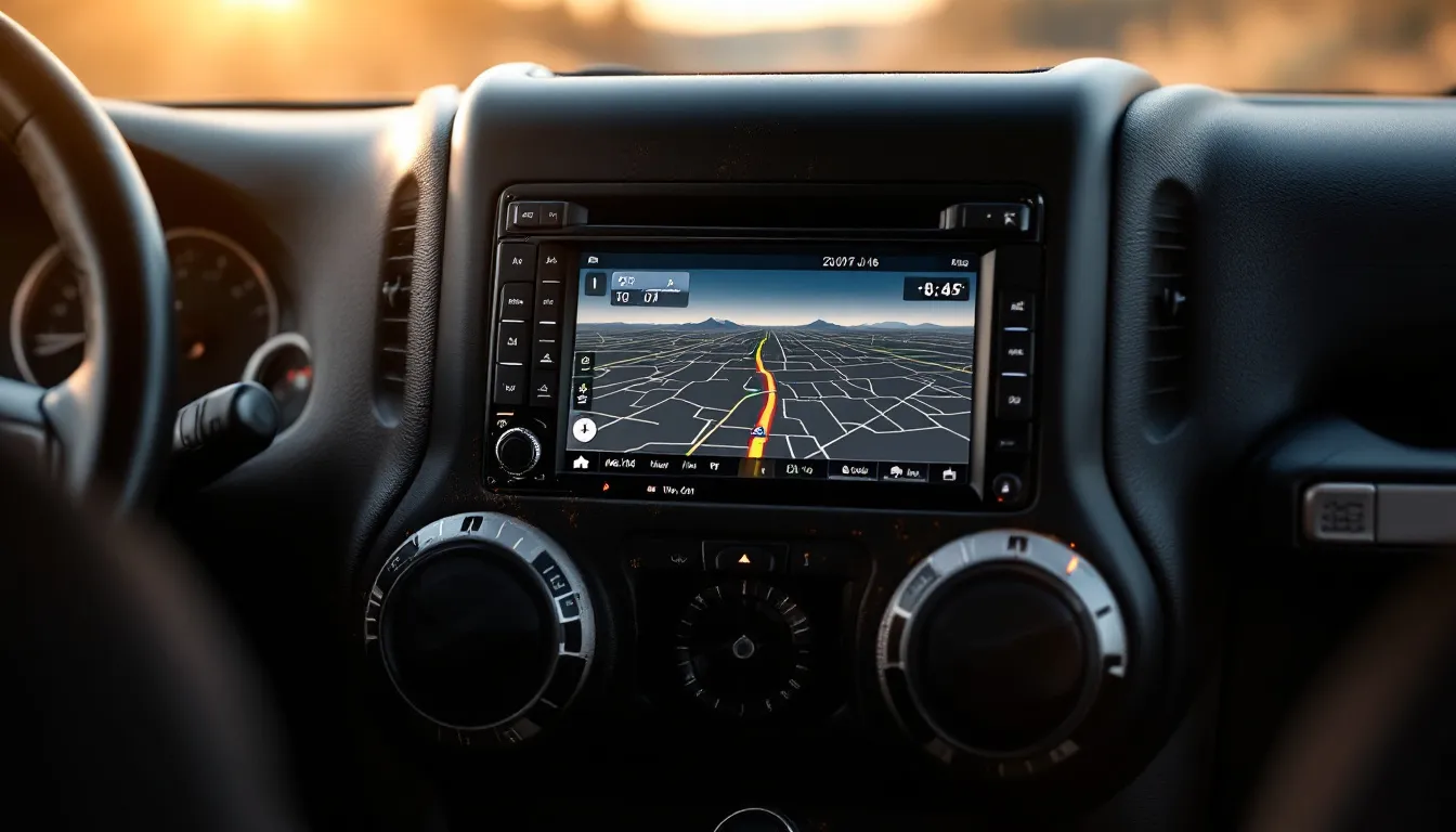 Modern aftermarket touchscreen head unit installed in a Jeep Wrangler JK dashboard showing navigation interface with trail dust on the interior trim