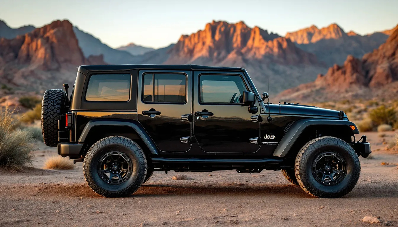 Black Jeep JK Unlimited with premium black soft top installed at mountain trailhead during golden hour