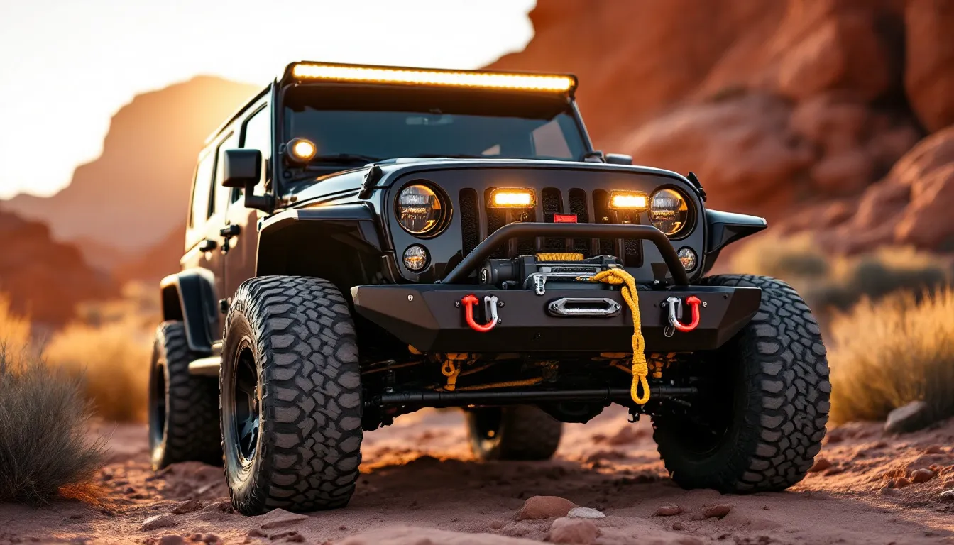 Black Jeep JK Unlimited with synthetic rope winch mounted on steel front bumper on rocky trail demonstrating off-road recovery capability