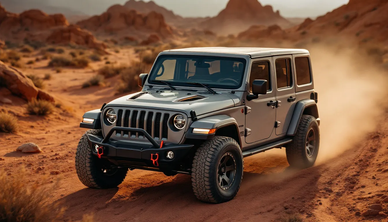 2014 Jeep Wrangler JKU with an aftermarket vented steel hood on a dusty off-road trail, dramatic side lighting highlighting louvered heat vents